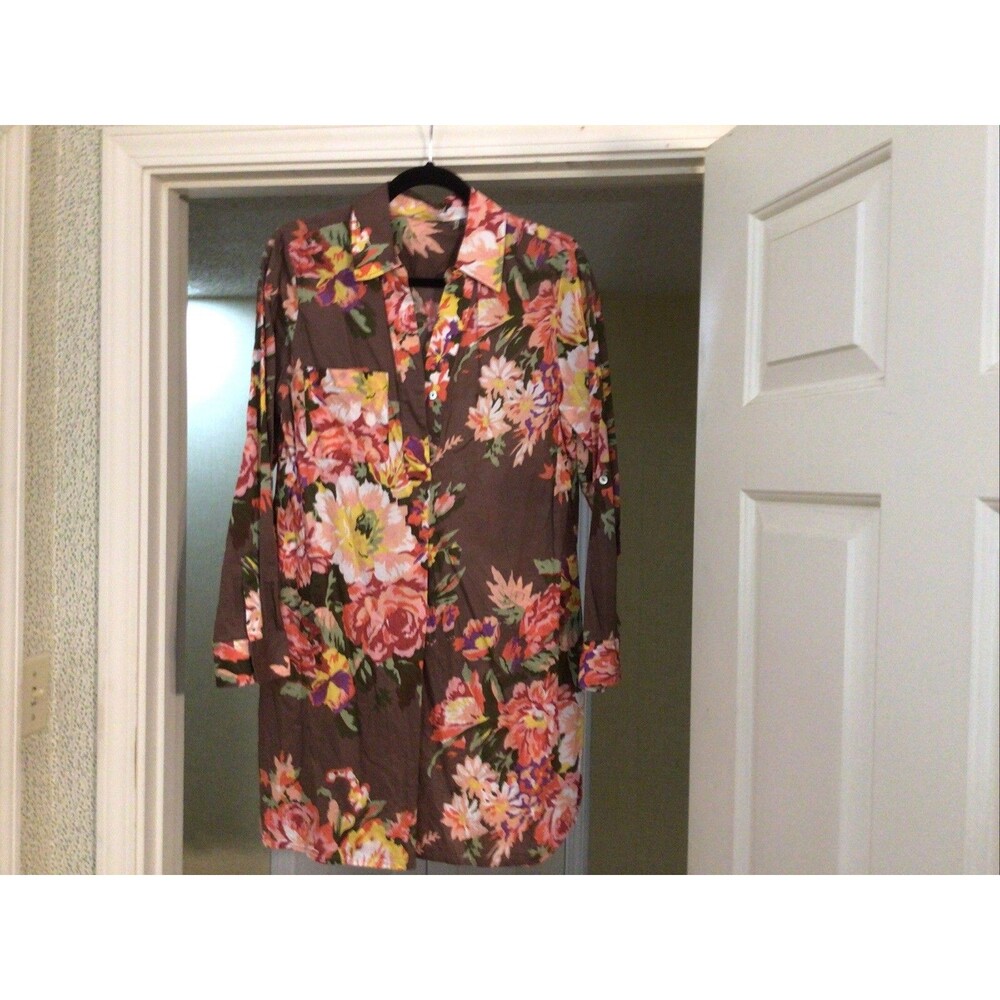 Soft Surroundings Shirt Women Large Collared Brown Floral Tunic V Neck Top